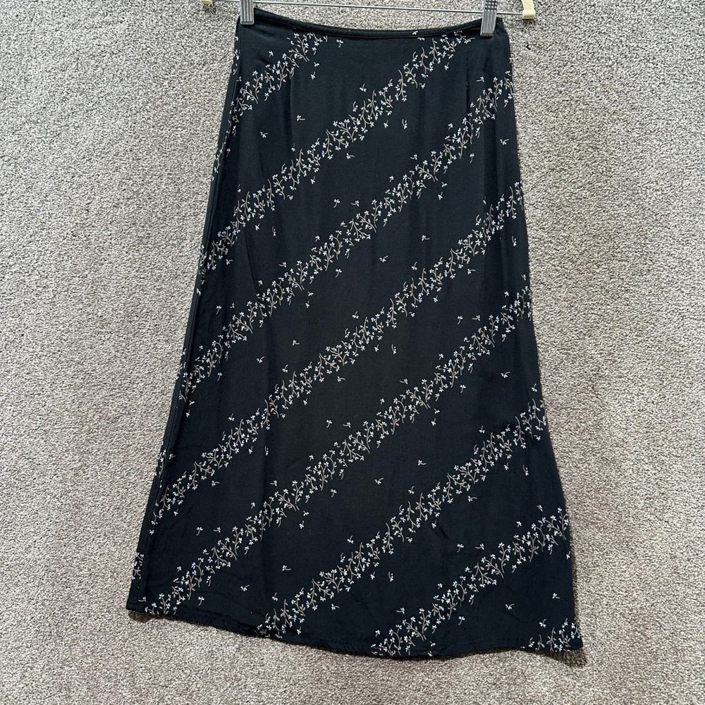 Vintage 90s Eddie Bauer Midi Skirt Size 4 Black Floral Rayon Grunge Whimsigoth
